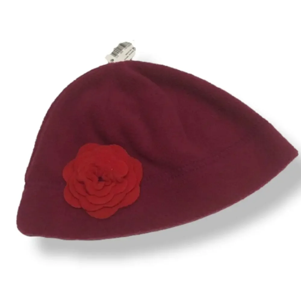 Old Navy Girls Hat Size 12-24 Mo S‎ Red Plum Fleece Flower Beanie NEW